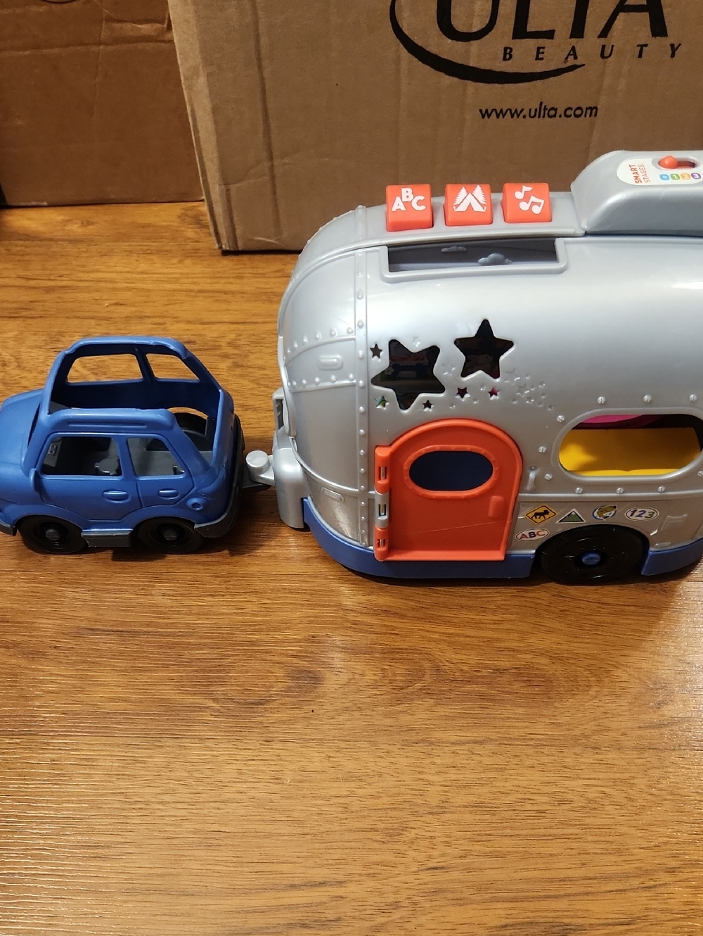Fisher-Price Blue Tow Car with Silver Caravan and Orange Door